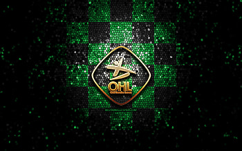 OH Leuven, glitter logo, Jupiler Pro League, green black checkered background, soccer, belgian football club, OH Leuven logo, mosaic art, football, OH Leuven FC HD wallpaper