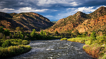 Storms pass a river valley in the Rocky Mountains, Colorado, stream, clouds, landscape, sky, water, rocks, usa HD wallpaper