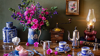Still Life, pot, miniature, coffee grinder, flowers, cup, mallow, cupcakes HD wallpaper