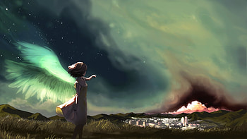 Angel, akio bako, anime, fantasy, green, girl, luminos, manga HD wallpaper