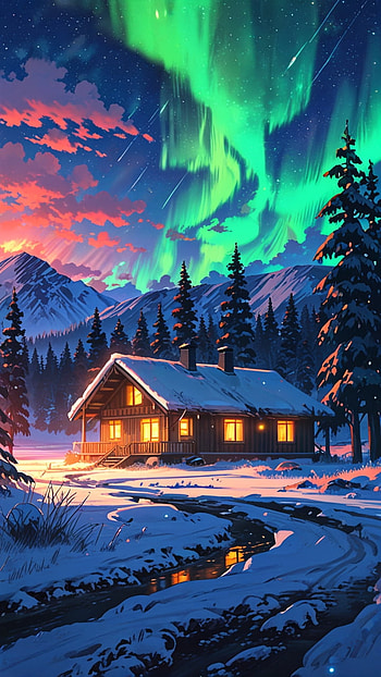 Sky aurora Covering the sky with wooden home, winter, Home, mountain, river, sky HD phone wallpaper