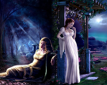 The two sisters, Forest, Dress, Trees, Beauty, Flowers, Night, Fantasy HD wallpaper