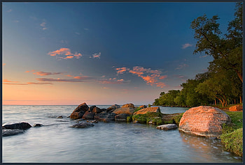 Evening in June, blue, evening lightining, art , beautiful, rocks, see, pink, trees, sky HD wallpaper