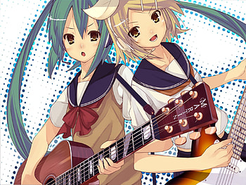 Hatsune Miku & Kagamine Rin, awesome, rockers, uniform, school uniform, nice, musical instrument, hatsune, kagamine rin, bow, white, hatsune miku, twintail, girl, singer, aqua, anime, pretty, virtual, blue, black, song, rin, guitar, cute, vocaloid, beauty, miku, music, rockstars, brown, vocaloids, school, brown eyes, program, beautiful, diva, tie, kagamine, aqua hair, yellow hair, yellow, cool, idol HD wallpaper