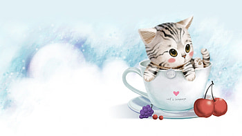 Kitty in a cup, cherry, animals, cute, cat, cup HD wallpaper
