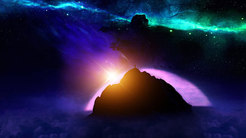 Beyond out there, universe, clouds, space, stars, sky, sun, sunset, galaxy, mountain, digital HD wallpaper