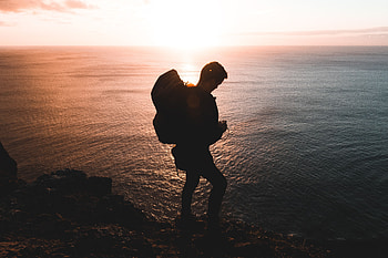 Sunset, Sea, Shore, Bank, Dark, Journey, Human, Person HD wallpaper