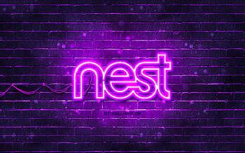Google Nest violet logo, , violet brickwall, Google Nest logo, brands, Google Nest neon logo, Google Nest HD wallpaper