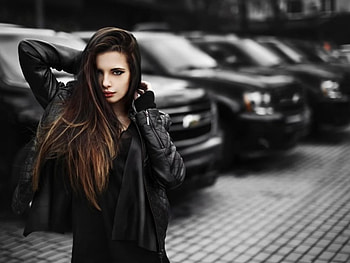 cute girl, black, parking, car, jacket, girl HD wallpaper