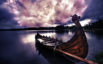 Boat, colors, beautiful, grass, lake, reflection, clouds, nature, sky HD wallpaper