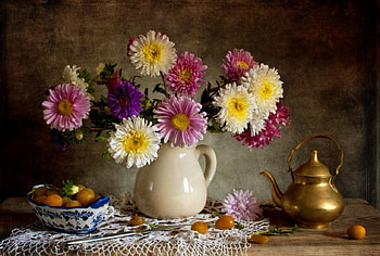 Still Life, vase, flowers, lovely, teapot HD wallpaper