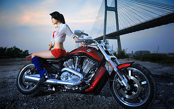 Harley and The Girl, harley, davidson, brunette, fast, bridge, motorbike HD wallpaper
