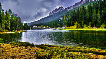 Lake Misurina, Dolomites, Italy, clouds, south tyrol, landscape, trees, sky, alps, mountains HD wallpaper