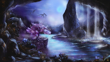 Dragon Valley, blue, art, purple, pink, fantasy, valley, dragon, luminos, water, tamikaproud HD wallpaper