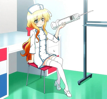 Isurugi Mio, chair, sexy, blue eyes, cute, nurse cap, emu emu, long hair, syringe, white thighhighs, sitting, pretty, thighhighs, cosplay, blonde hair, isurugi mio mm nurse, solo HD wallpaper