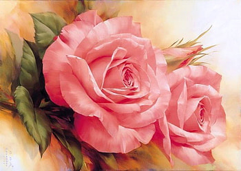 Blooms for Bizzybee360, pink, leaves, roses, painting, green, flowers HD wallpaper