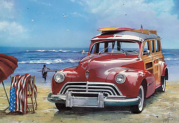 Surfin' USA, surfbord, beach, car, sea, artwork, painting HD wallpaper