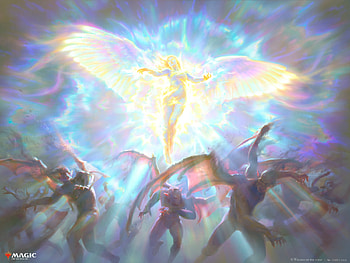 Angel, blue, wings, view from down, fantasy, glow, yellow, marta nael, luminos HD wallpaper