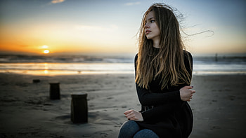 Girl Black Clothing Blonde Hairs In Jeans Outdoor Ocean View, girls, model, blonde HD wallpaper