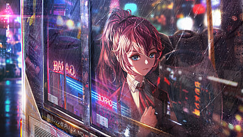 Anime Girl Bus Window Neon City , anime-girl, anime, artist, artwork, digital-art, rain HD wallpaper