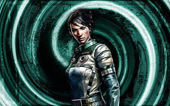 Female Morgan Yu, turquoise grunge background, Prey, Doctor Morgan Yu, vortex, Prey characters, Morgan Yu Prey HD wallpaper