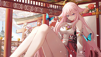 Light Purple Eyes Pink Hair Yae Miko Guuji Genshin Impact HD wallpaper