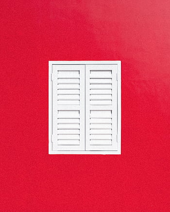A minimalist white shuttered window centered on a vibrant red wall, Singapore. HD phone wallpaper