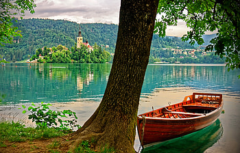 View of lake Bled, reflection, greenery, view, spring, Slovenia, lake, boat, beautiful, mountain, summer, Bled HD wallpaper