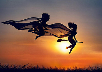 My Sister Witches, shadows, witches, silhouettes, fly, sunset HD wallpaper