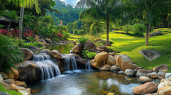 Tropical Creek Serenity : Lush Grass and Palm Trees in Nature, creek, grass, palm tree, tropical, nature HD wallpaper