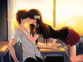 Kiss at School, anime, boy, love, couple, kiss, girl HD wallpaper