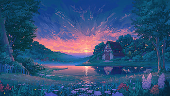 Lakeside Sunset Reverie — Digital Landscape, landscape, Digital Art, sunset HD wallpaper