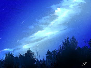 Trees, Art, Night, Clouds, Starry Sky, Starfall HD wallpaper