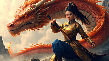 asian, girl, dragon, sword HD wallpaper