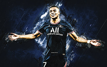 Kylian Mbappe, PSG, dark blue stone background, Paris Saint Germain, soccer, Ligue 1, France, PSG football players HD wallpaper