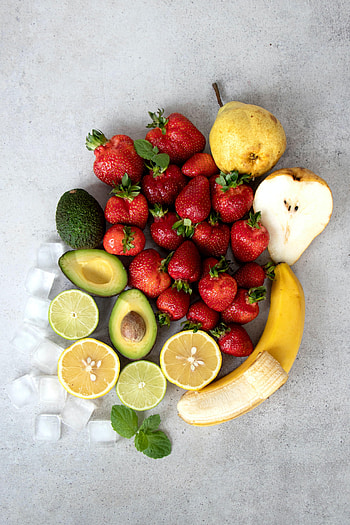 Fruits, Food, Strawberry, Ice, Lemon, Avocado, Banana, Pear HD phone wallpaper