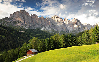 Dolomites in Italy, Alps, Dolomites, Italy, forest, barn HD wallpaper