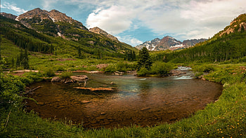 Maroon Bells, Colorado, clouds, landscape, sky, water, rocks, usa, lake HD wallpaper