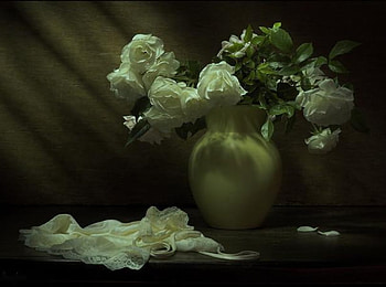 Moonlight roses, night, white, roses, moon, vase, flowers HD wallpaper