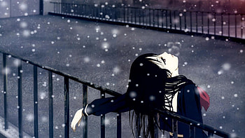 Realxing for a bit..., relaxing, pale, unifrom, red eyes, black hair, long hair, white skin, looking up, anime, snow, snowing HD wallpaper