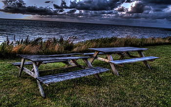 Old n new, sea, bench, old, new HD wallpaper