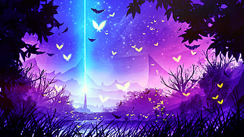 Magical forest, blue, pink, firefly, butterfly, fantasy, luminos, forest HD wallpaper