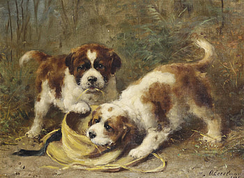 Puppies, dog, otto eerelman, puppy, painting, art, pictura, couple, caine HD wallpaper