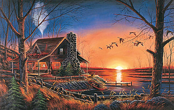 Gathering, artwork, birds, painting, trees, cabin, sunset, lake HD wallpaper