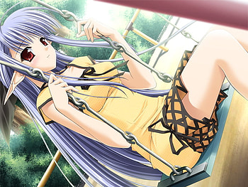 Shuffle, nerine, purple hair, yellow, red eyes, long hair, dress HD wallpaper