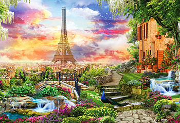 Paris Garden, sunset, creek, house, colors, artwork, stairs, eiffel tower, painting, bridge, clouds, flowers, sky HD wallpaper