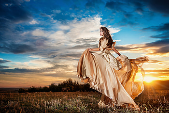Model in a Golden Gown at Sunset, model, gown, sunset, brunette, field HD wallpaper