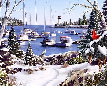 Seaside Christmas, lighthouse, painting, snow, boats, trees, harbor HD wallpaper