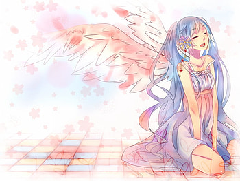 Angel Miku, blue, feathers, angel, dress, miku, petals, flower, twintails, hearts, flowers, hair, long HD wallpaper