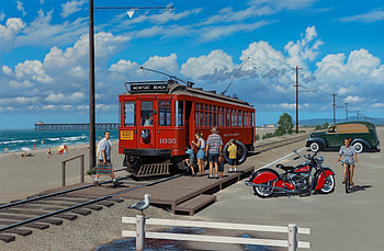 Newport Beach, sea, rails, harley, pier, clouds, water, motorbike, ocean, trolley car HD wallpaper
